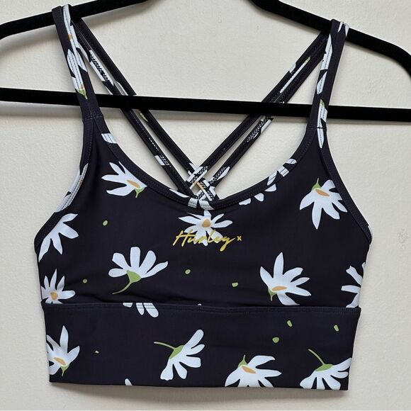 Hurley 2 Piece Black Big Daisy Floral Double Cross Sports Bra Short Set Size XS - Picture 2 of 16